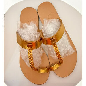 Ancient Greek Sandals Gold Metallic Leather Toe Ring Slip On Handmade